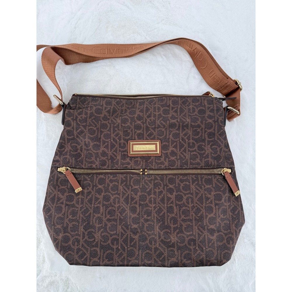 Calvin Klein Crossbody Bag Womens Large Brown Monogram‎ Logo Nylon Bag